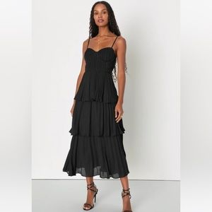 Lulus Cascading Crush Black Tiered Bustier Midi Dress